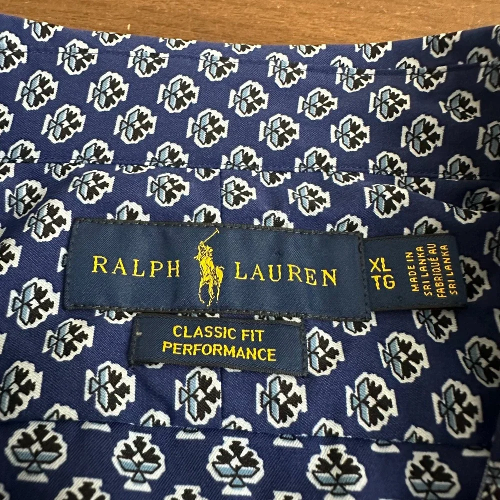 Ralph Lauren Classic Fit Performance Shirt Blue Geometric Button Down Mens XL
